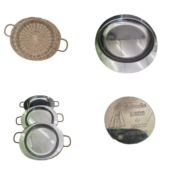 Vintage Set Of 3 Cavalier Nasco Aluminum Plates With 3 Rattan Wicker Holders - Picture 1 of 12